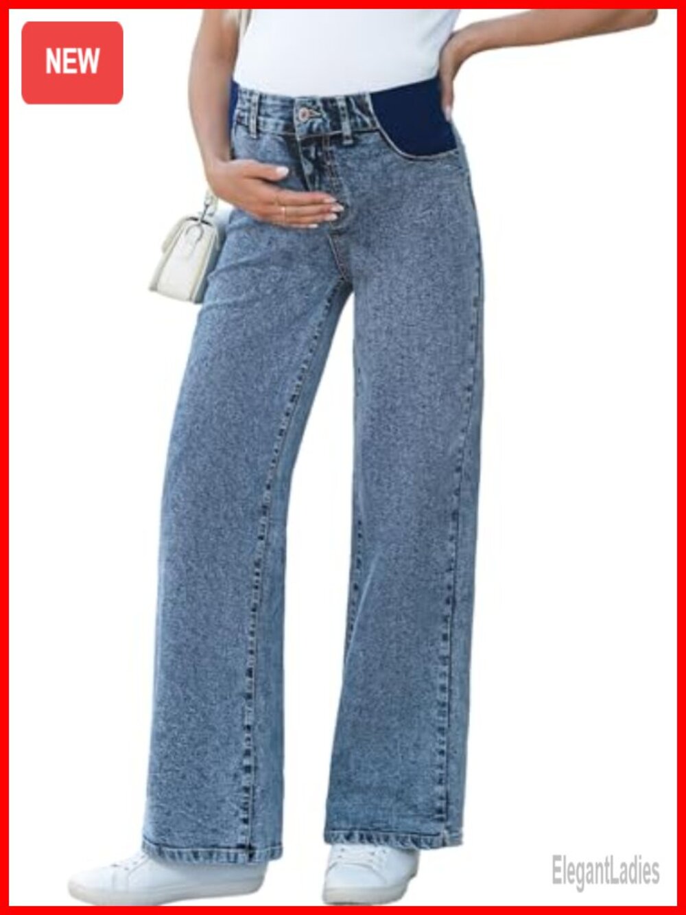Maternity Wide Leg Jeans High Waist Stretchable Cotton Blend